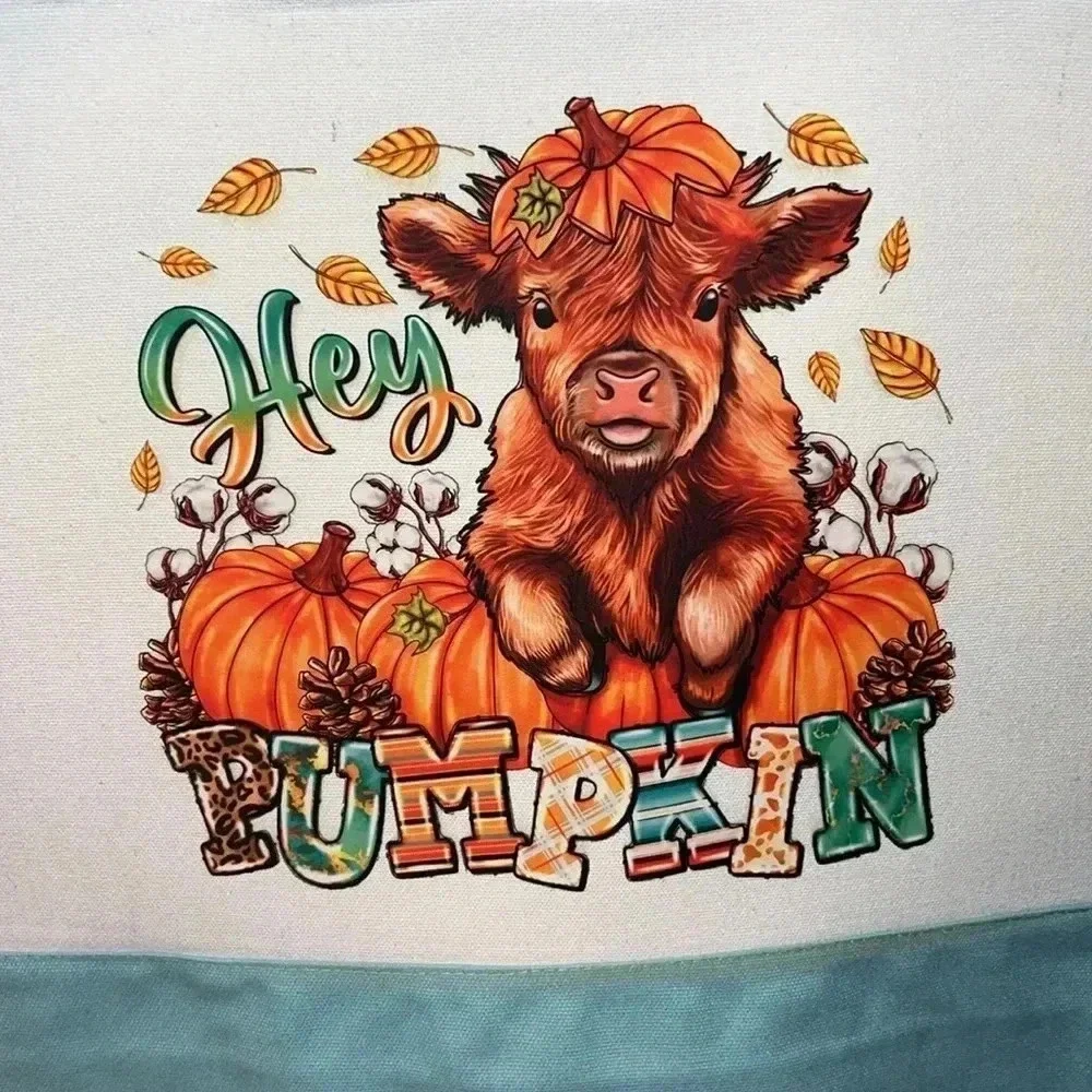 “Hey Pumpkin” Highland Cow / Fall Canvas Tote Bag - Fall/Autumn Design